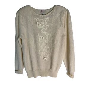Vintage 80s‎ Knit Concepts  Embroidered Beaded Sweater Womens Medium Cottage